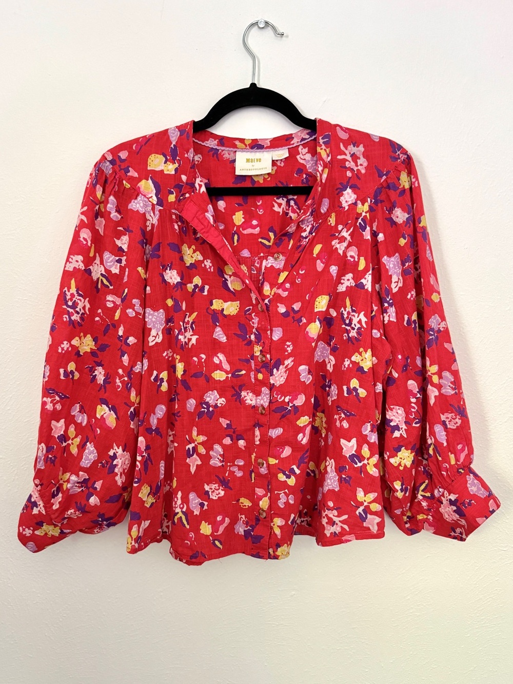 Anthropologie Maeve Red Floral Button Front 100% Cotton Flowy Women's Blouse